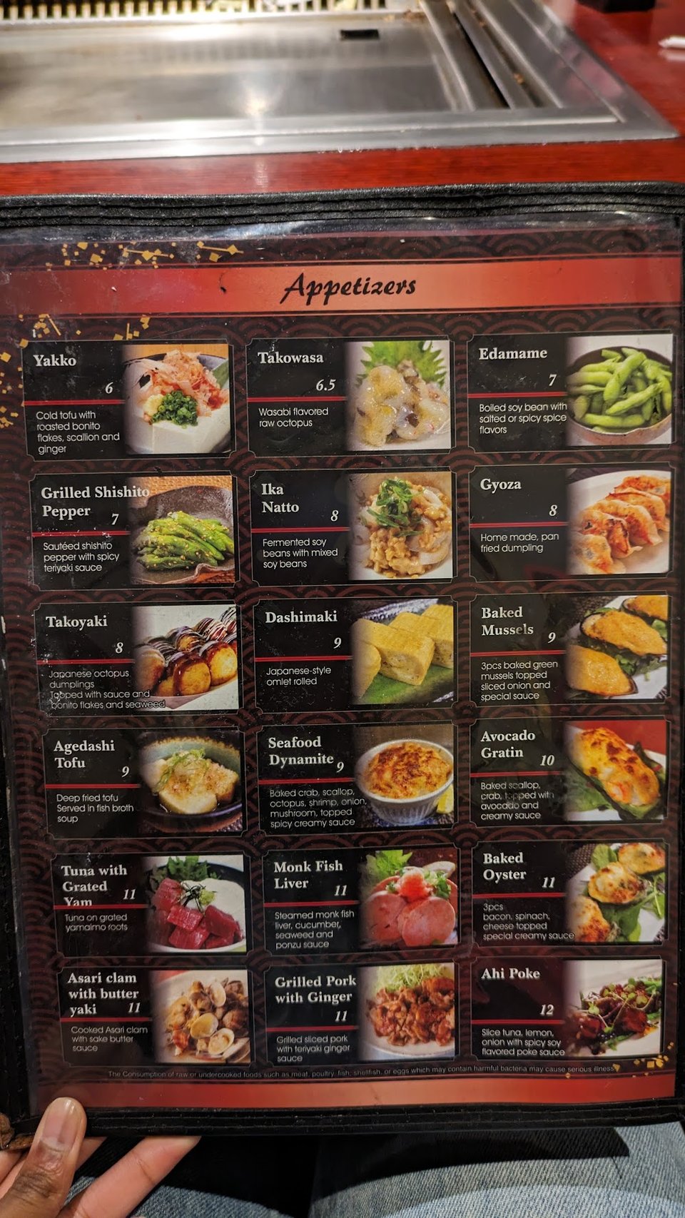 Menu page listing hibachi, seafood, and chicken dishes.