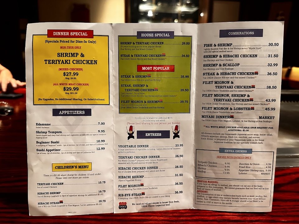Restaurant menu with appetizers and special combinations.
